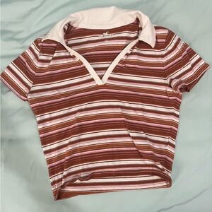 Hollister Orange and Pink Striped V-Neck Tee